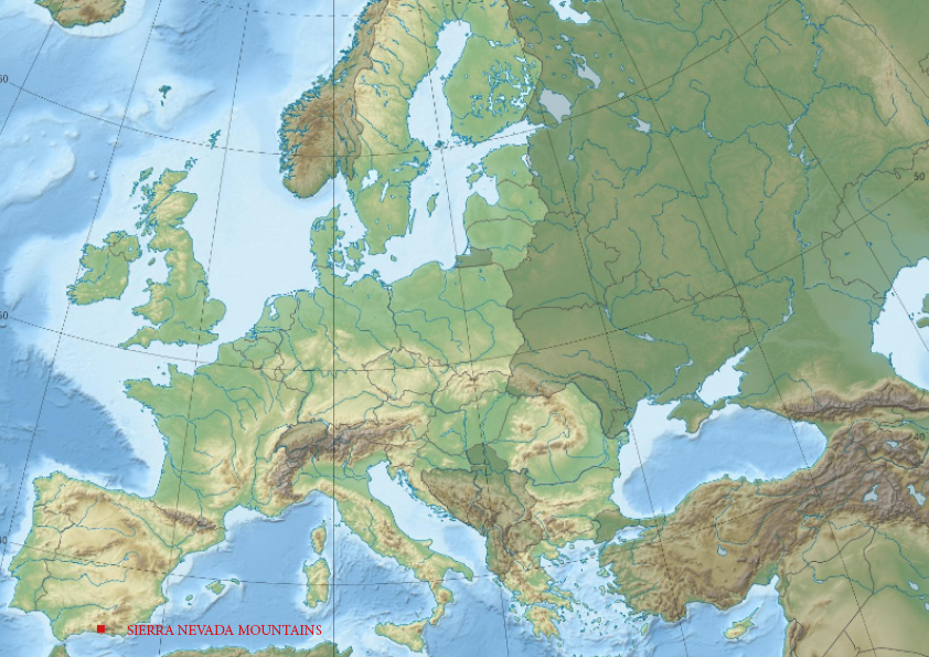 Relief map of Europe showing high mountains affected by climate change.